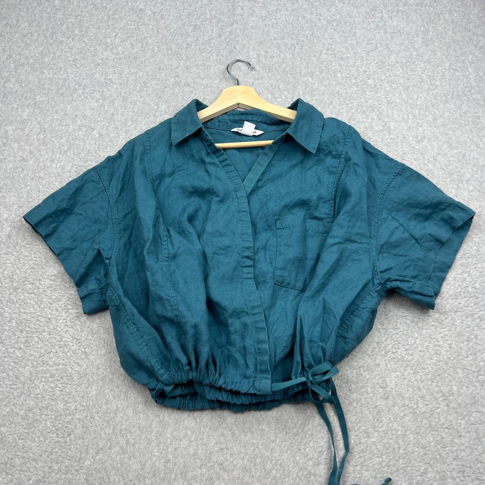 Athleta Playa Tie Top Womens 2X Teal 100% Linen Short Sleeve Cropped Button Up